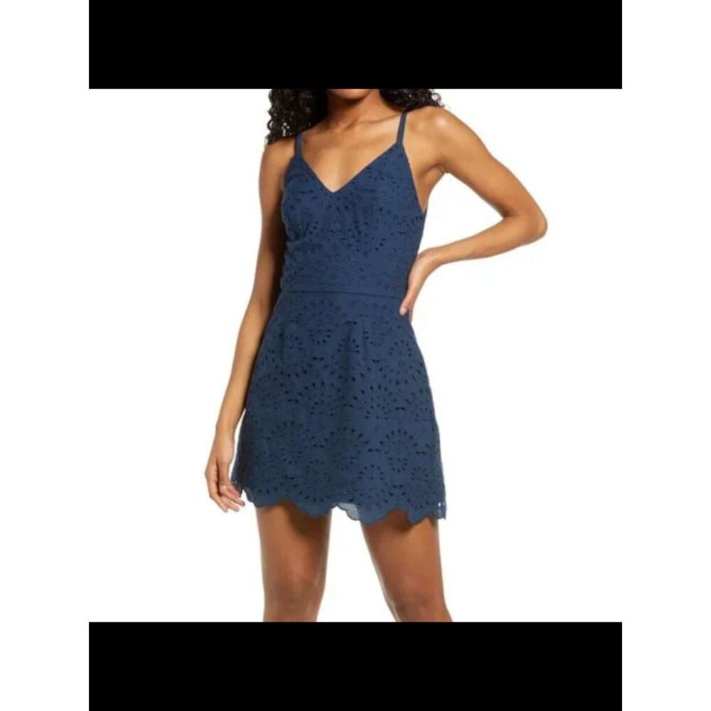 SPEECHLESS Womens Fit + Flare Mini Dress Navy Spaghetti Strap Hem Juniors 11